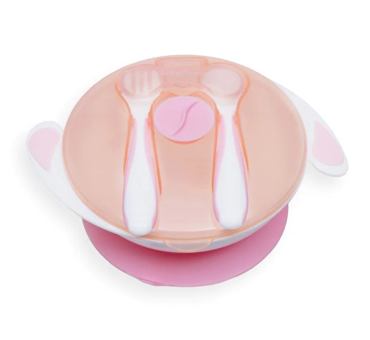 BABYBRUIN  TAPADÓKORONGOS ETETŐTÁNYÉR, TETŐVEL, EVŐESZKÖZZEL, VILÁGOS RÓZSASZÍN