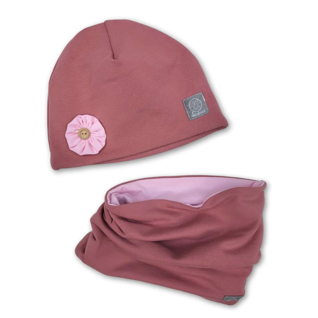 4BABIES Virágdekoros sapka & sál szett, mályva & rózsaszín
