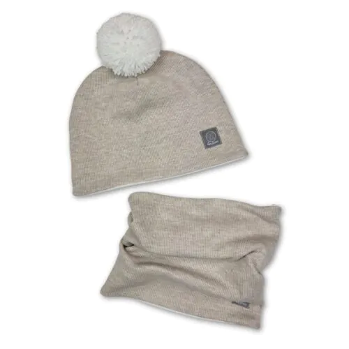 4BABIES Téli sapka & sál szett, bordás bézs fehér pomponnal