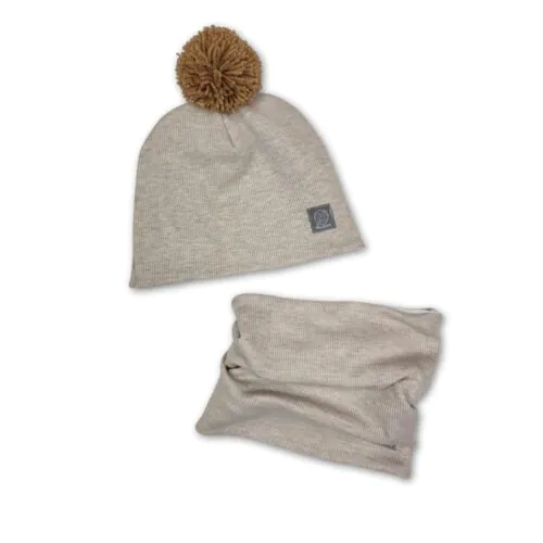 4BABIES Téli sapka & sál szett, bordás bézs karamell pomponnal