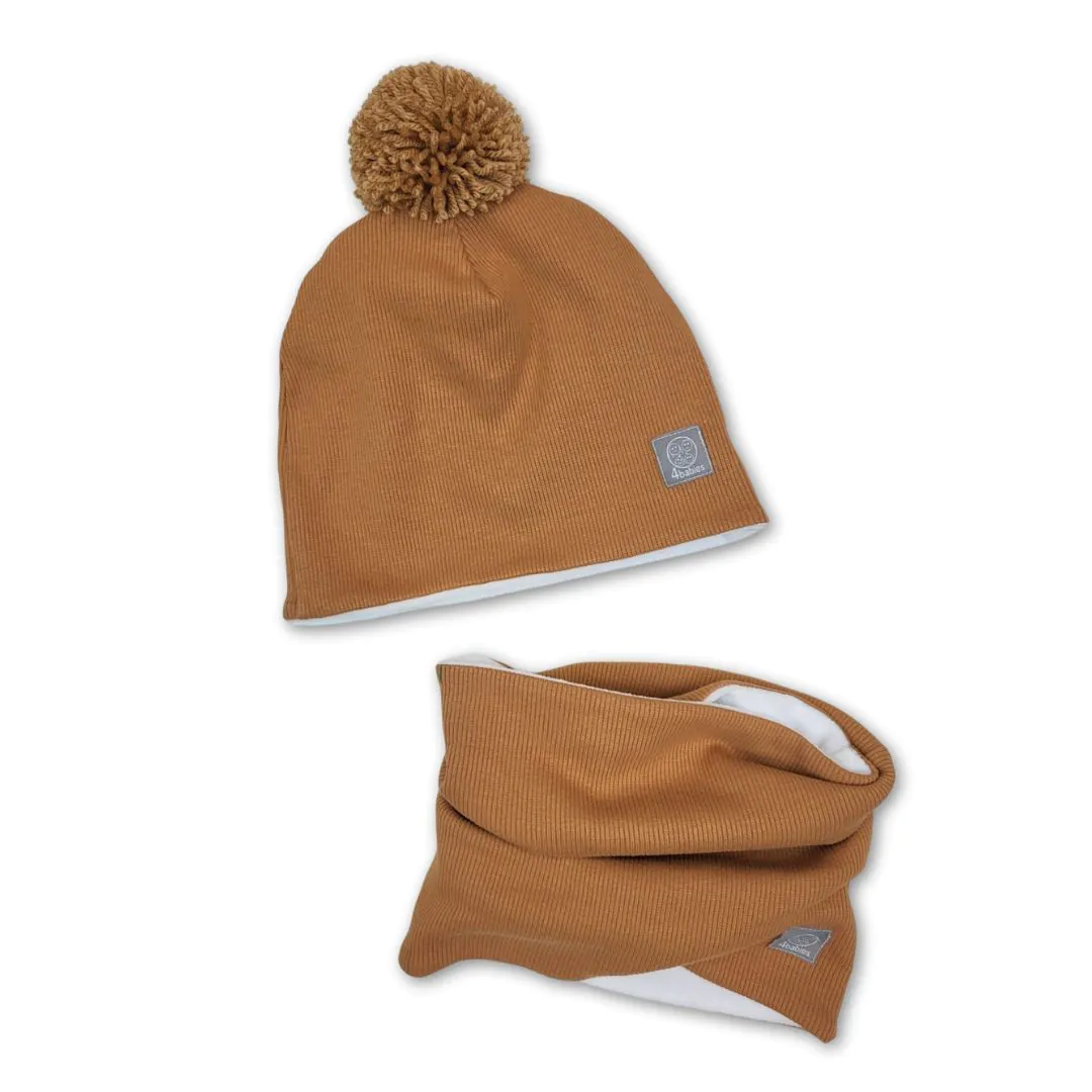 4BABIES Téli sapka & sál szett, bordás karamell karamell pomponnal