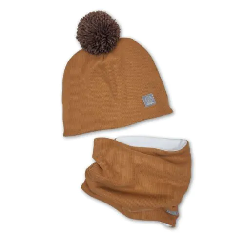 4BABIES Téli sapka & sál szett, bordás karamell sötétbarna pomponnal