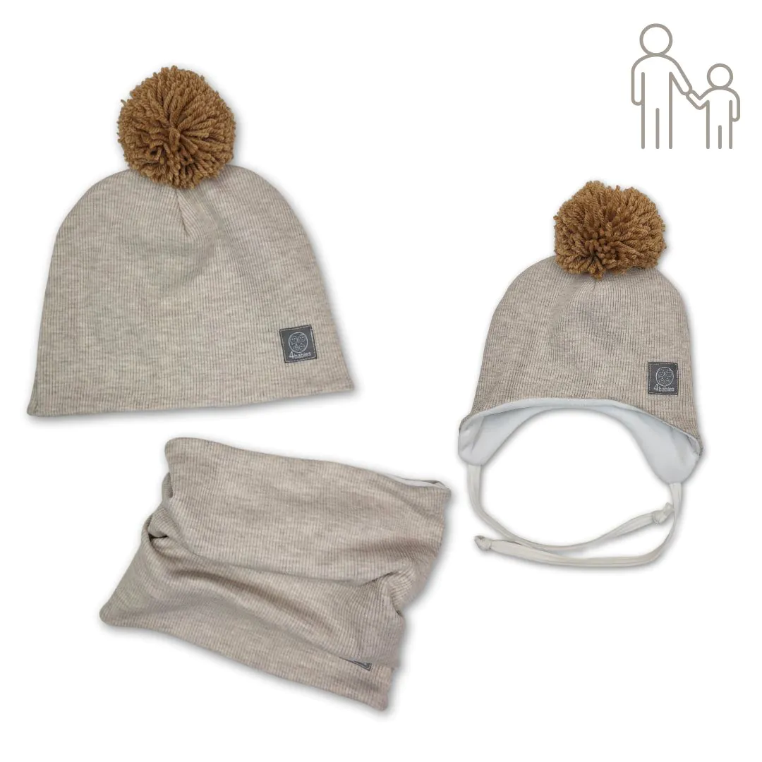 4BABIES Anya-baba téli sapka szett, bézs bordás, karamell pomponnal