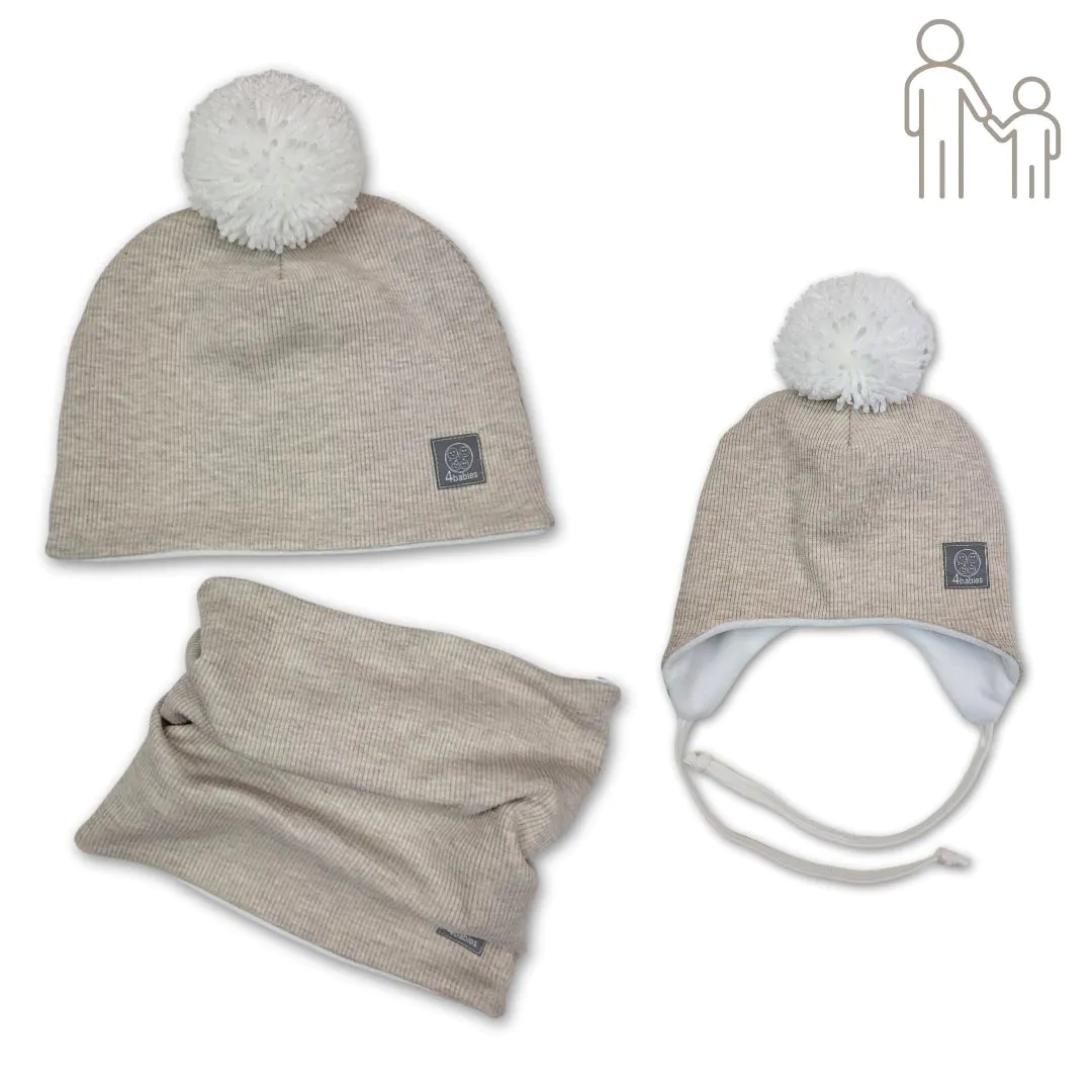 4BABIES Anya-baba téli sapka szett, bézs bordás