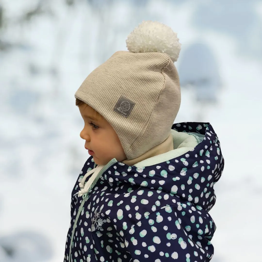 4BABIES Téli kötős babasapka, bordás bézs & fehér pompon - Image 4