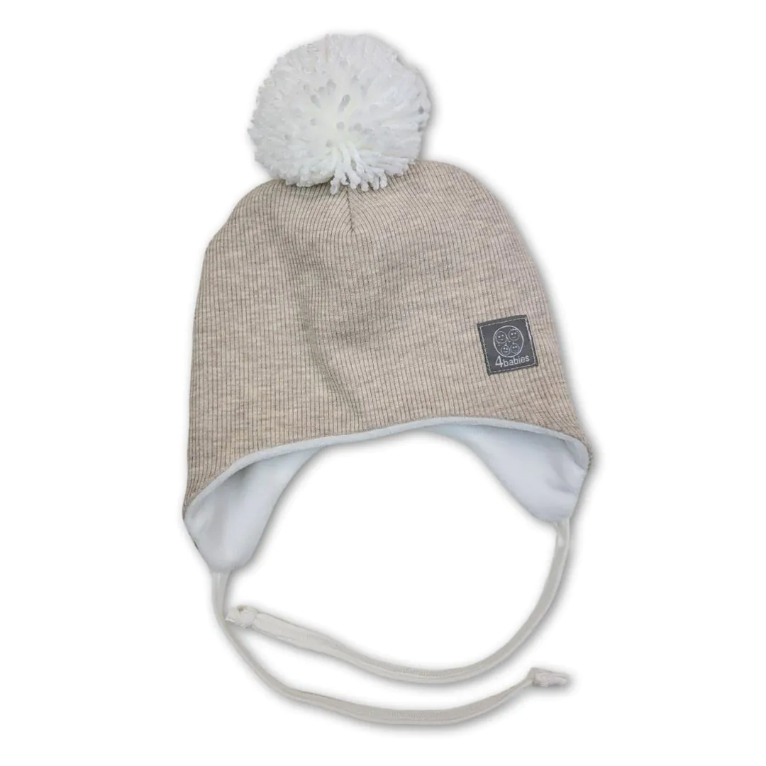 4BABIES Téli kötős babasapka, bordás bézs & fehér pompon
