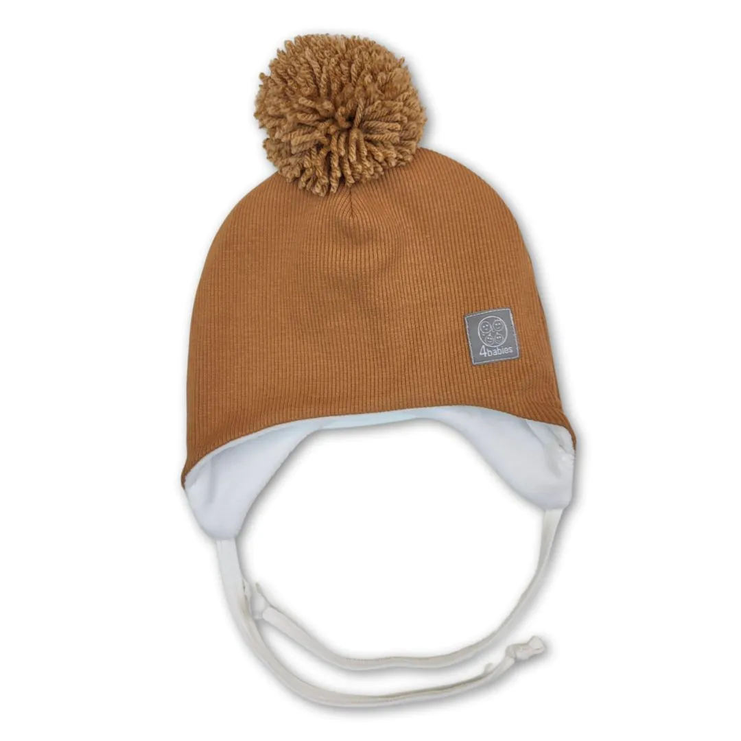 4BABIES Téli kötős babasapka, bordás karamell & karamell pompon