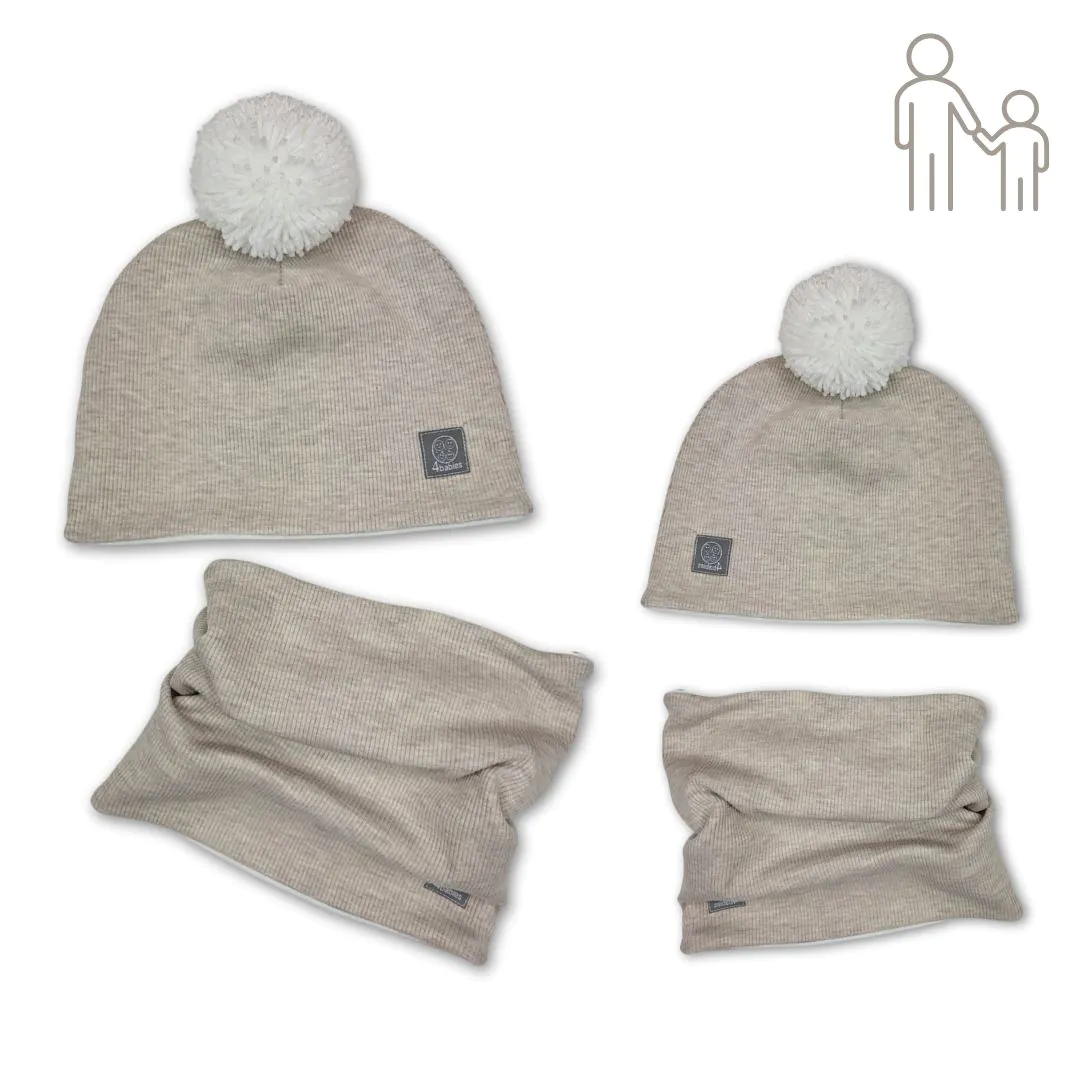 4BABIES Anya-lánya téli sapka szett, bézs bordás