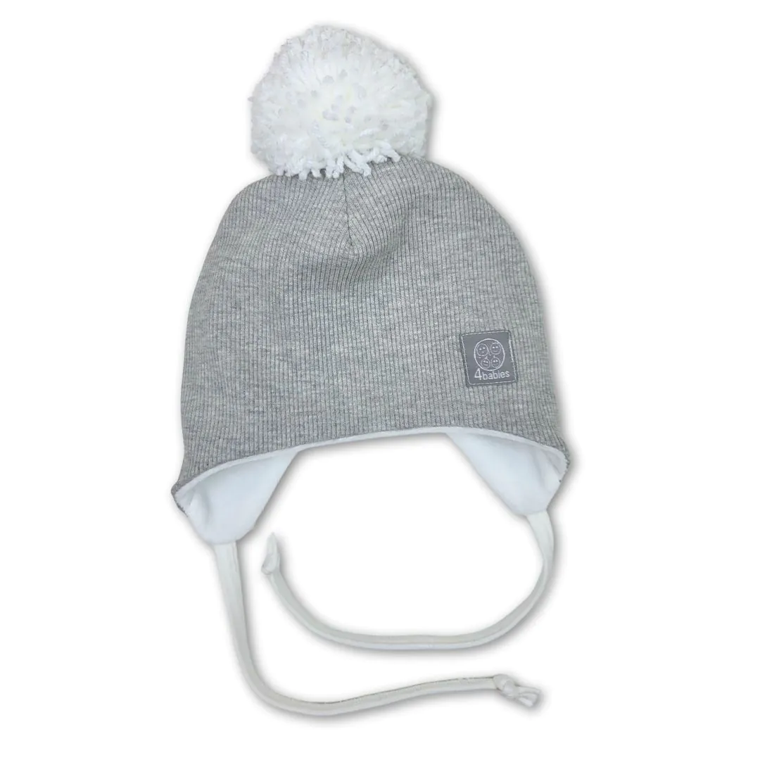 4BABIES Téli kötős babasapka, bordás melírszürke & fehér pompon