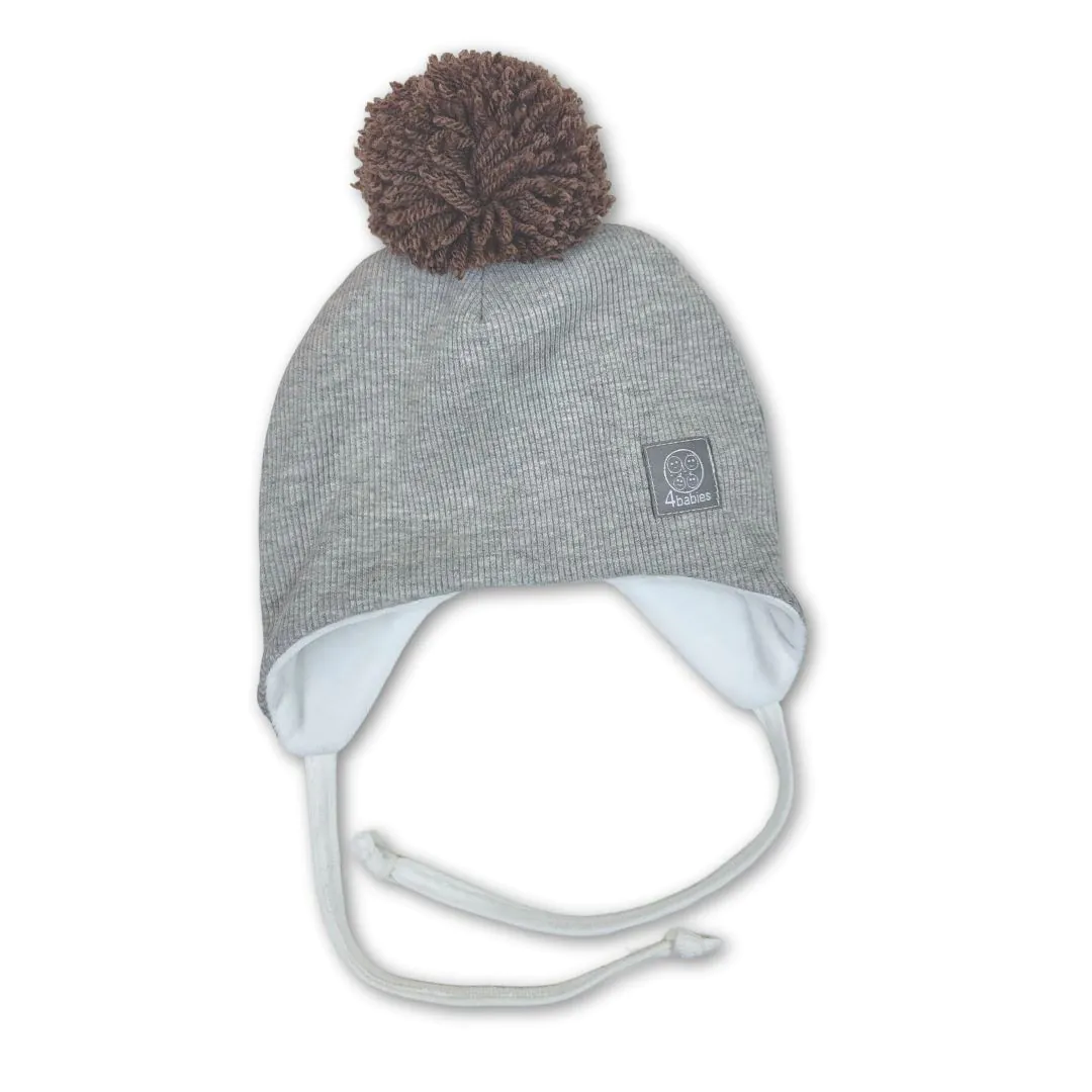 4BABIES Téli kötős babasapka, bordás melírszürke & sötétbarna pompon