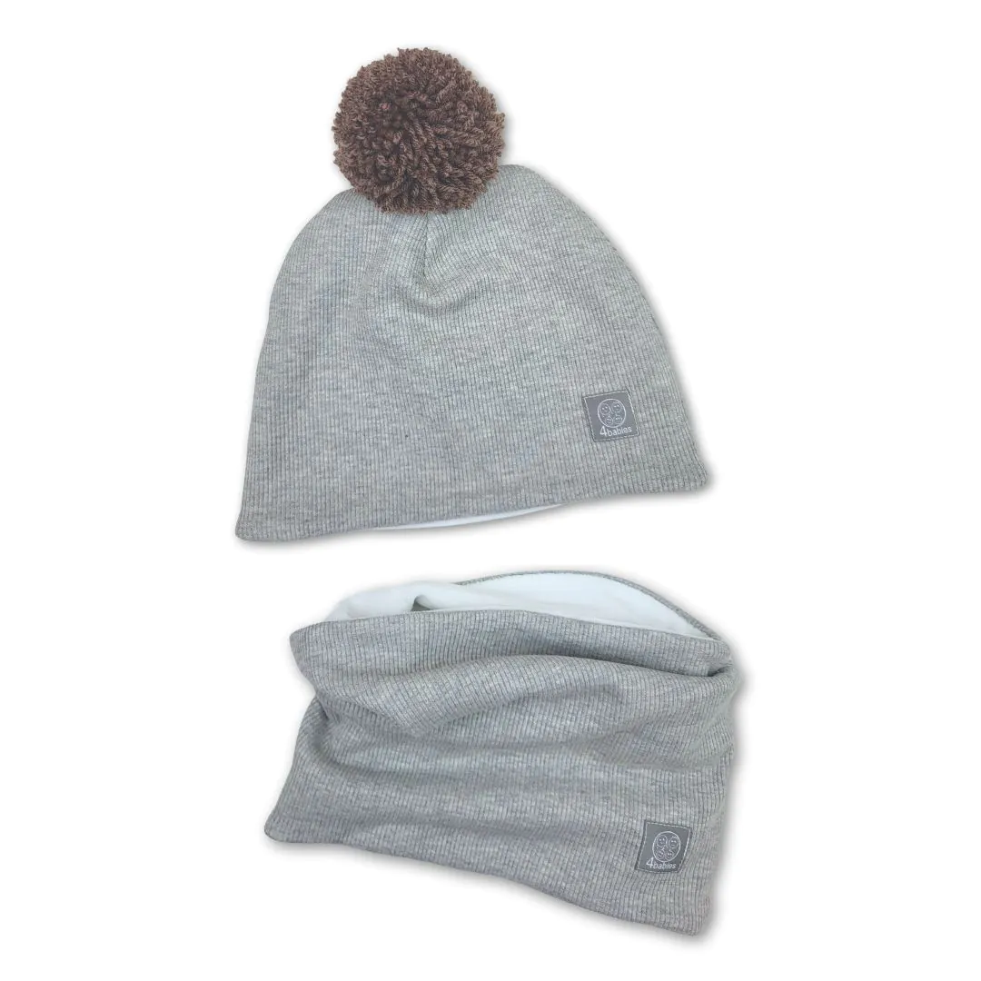 4BABIES Téli sapka & sál szett, bordás melírszürke, sötétbarna pomponnal