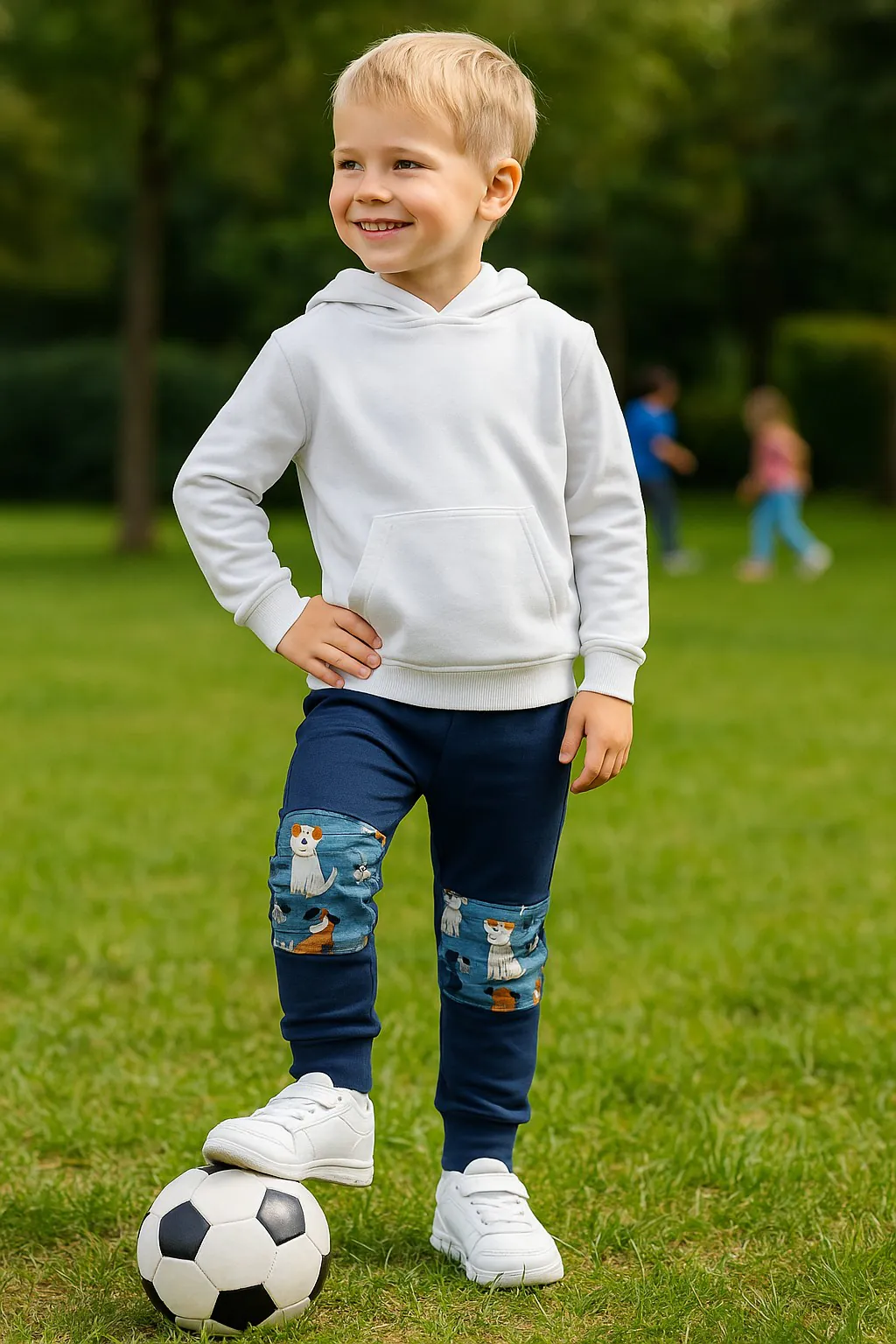 4BABIES "Rosszcsont" térdfoltos szabadidő nadrág, sötétkék & kutyusok - Image 2