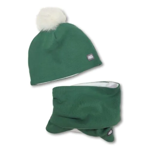 4BABIES Téli sapka & sál szett, bordás zöld, fehér pomponnal