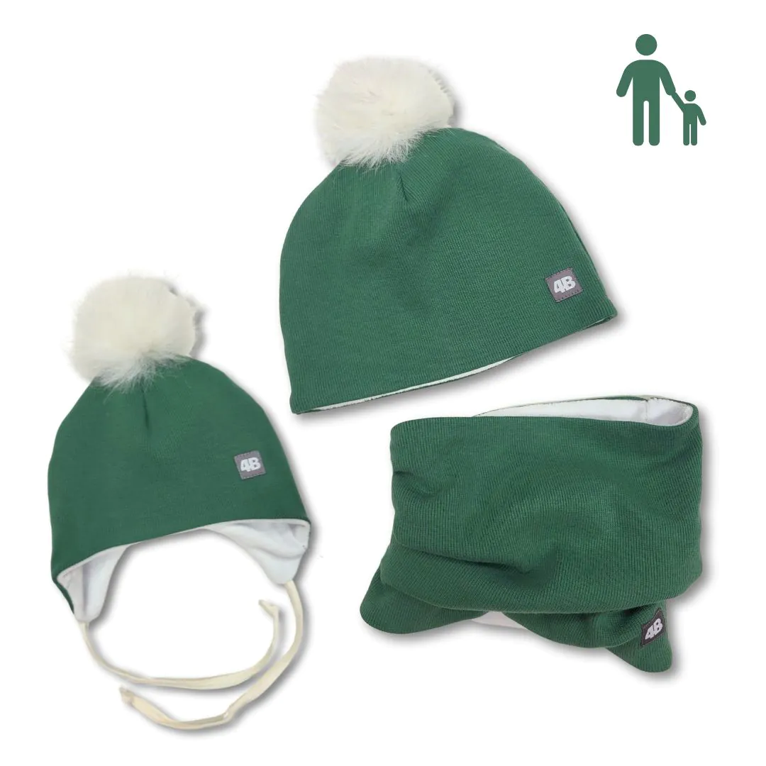 4BABIES Anya-Baba téli sapka & sál szett, bordás zöld, fehér pomponnal