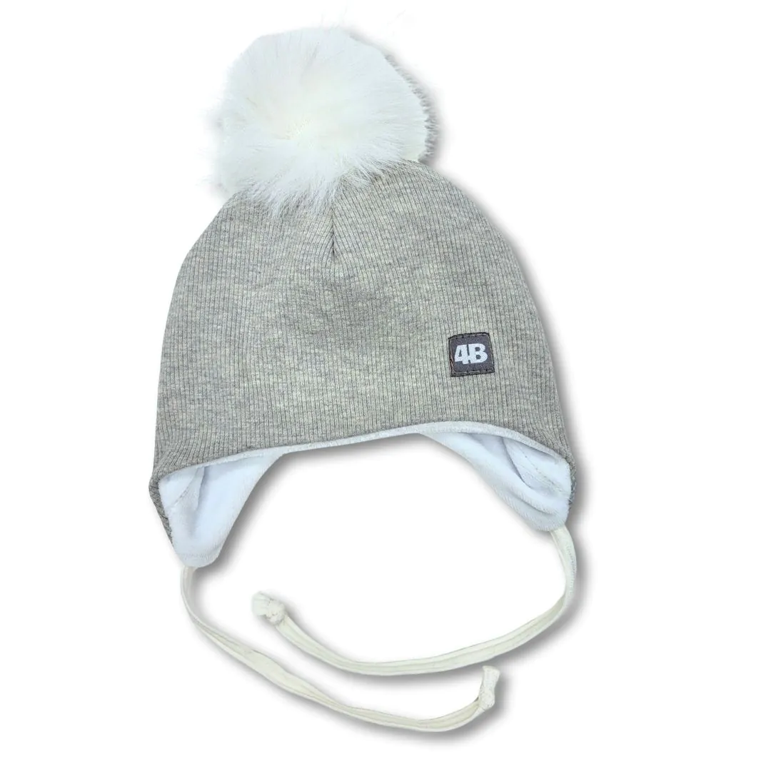 4BABIES Téli kötős babasapka, bordás melírszürke & fehér pompon