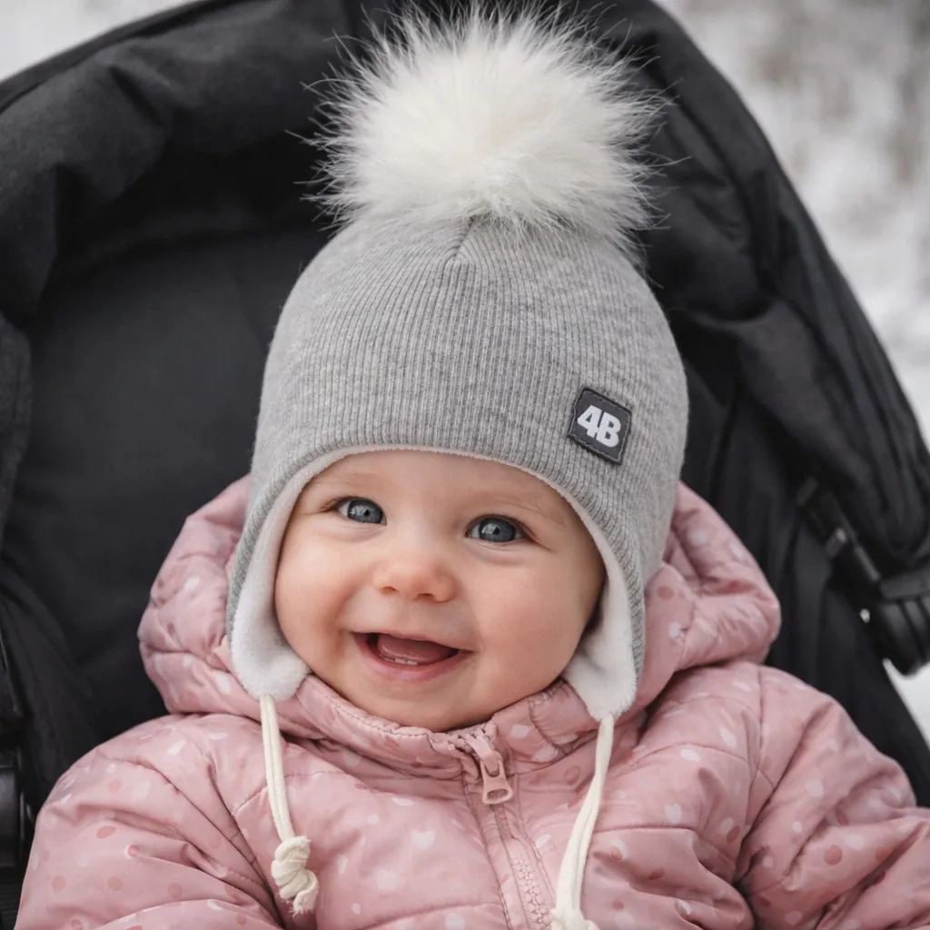 4BABIES Téli kötős babasapka, bordás melírszürke & fehér pompon - Image 2