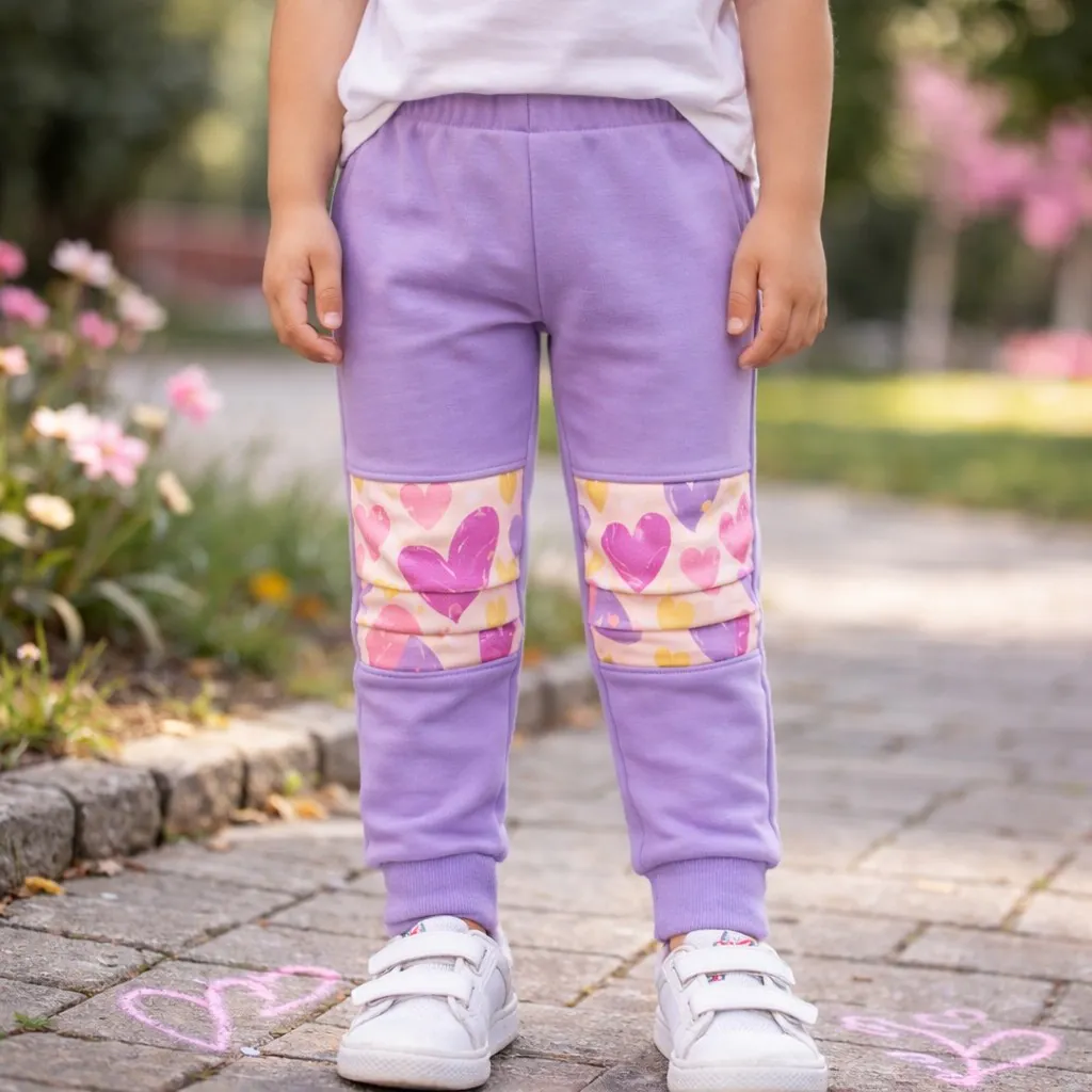 4BABIES "Rosszcsont" térdfoltos szabadidő nadrág, világos pasztell lila & Szívvarázs - Image 2